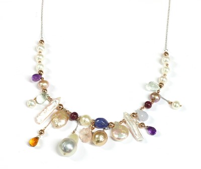 Lot 181 - An Italian white gold cultured freshwater pearl and assorted gemstone necklace