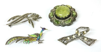 Lot 395 - A silver enamel marcasite peacock brooch