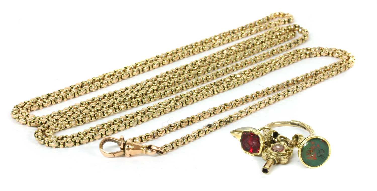 Lot 15 - A gold belcher link long chain