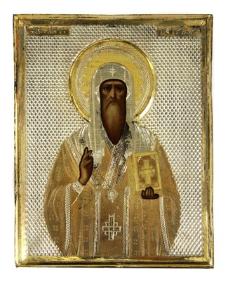 Lot 10 - A miniature parcel-gilt framed icon of St Peter, Metropolitan of Moscow