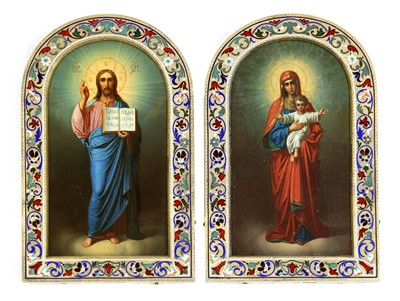 Lot 8 - A pair of silver gilt and enamel wedding icons of the Mother of God and Christ Pantocrator
