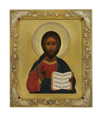 Lot 6 - A parcel-gilt, silver and jewelled icon of Christ Pantocrator