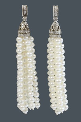 Lot 231 - A pair of Continental cultured freshwater pearl and diamond tassel earrings
