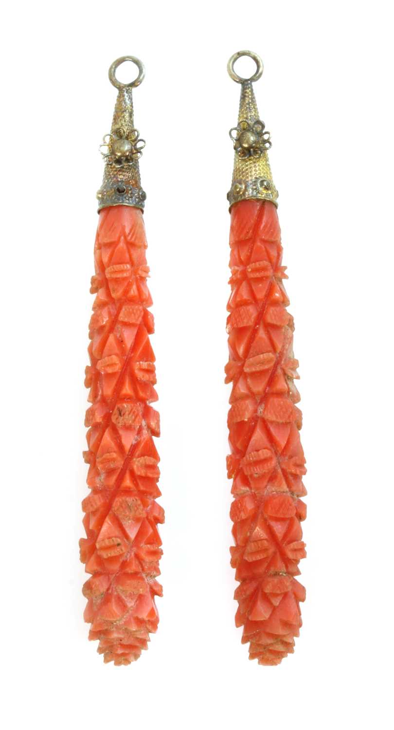 Lot 7 - A pair of Regency carved coral pendant earring drops