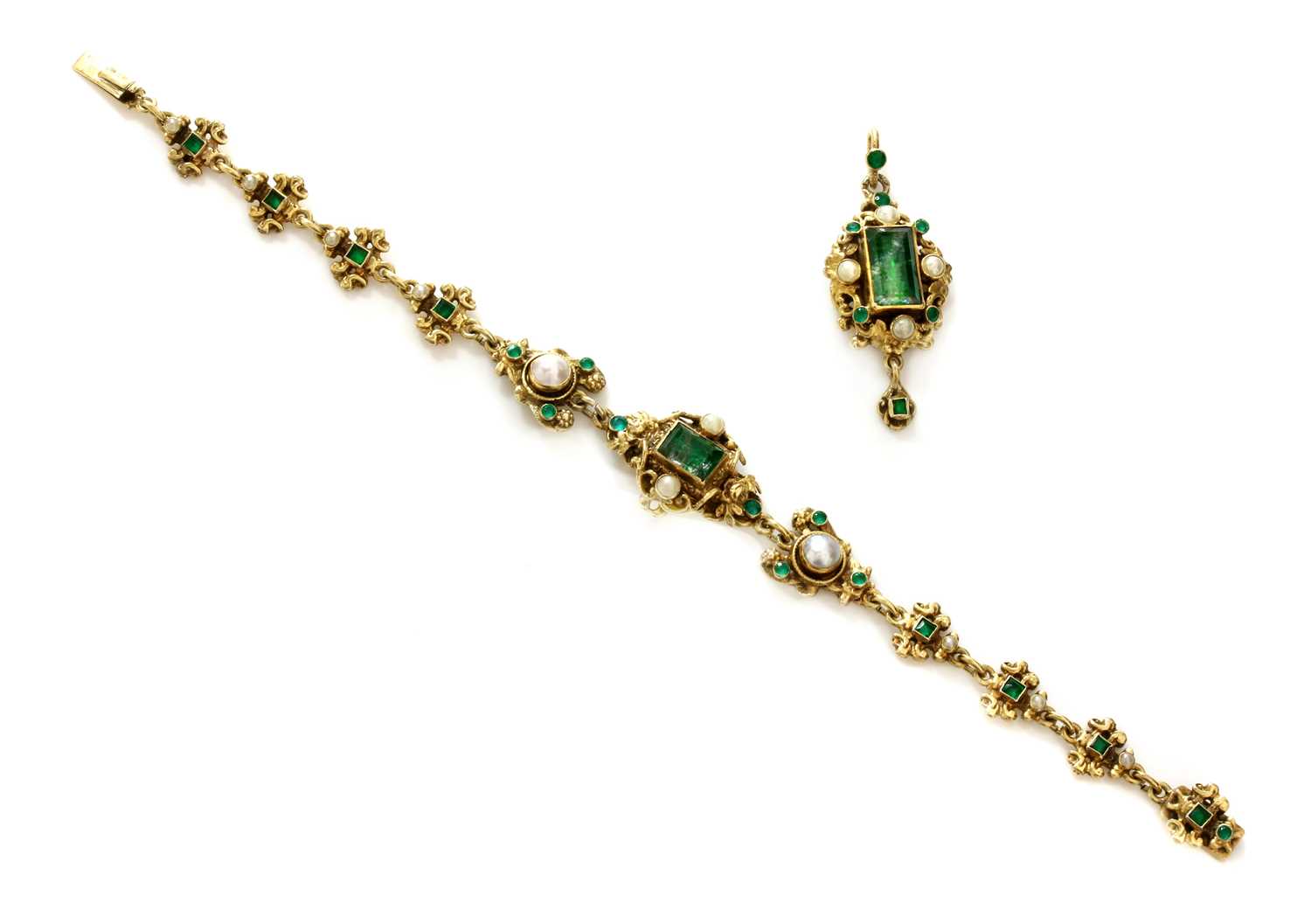 Lot 118 - An Austro-Hungarian, silver gilt, foiled gemstone and blister pearl bracelet and pendant, c.1900