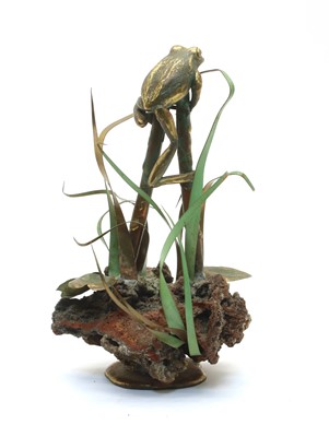 Lot 339 - A mid 20th century San-Francisco bronze sculpture of a frog perched on two bamboo poles