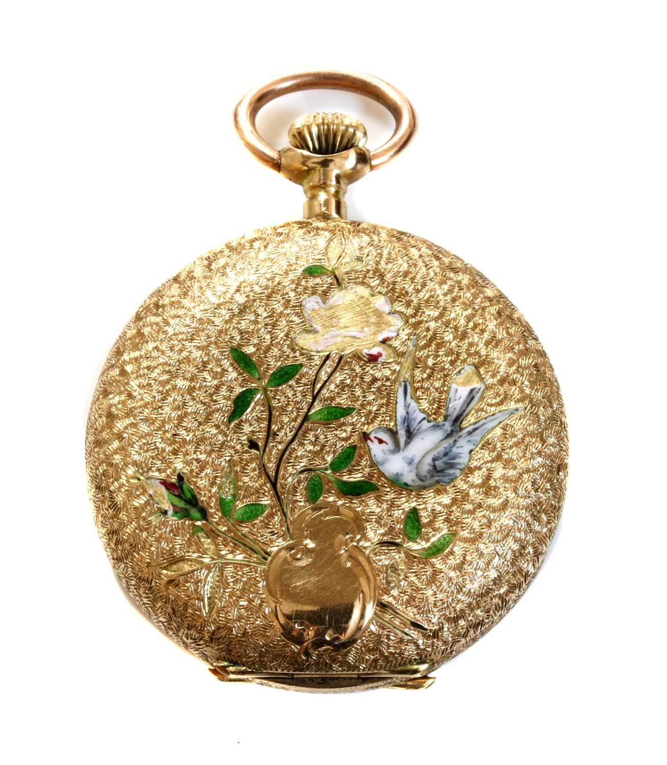 Lot 71 - A Continental gold and enamel hunter-style top wind fob watch, c.1910