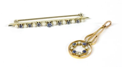 Lot 48 - A white gold sapphire and seed pearl bar brooch
