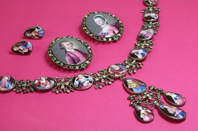 Lot 11 - An 18th century enamel portrait miniature necklace, earrings and pair of clasps, cased suite