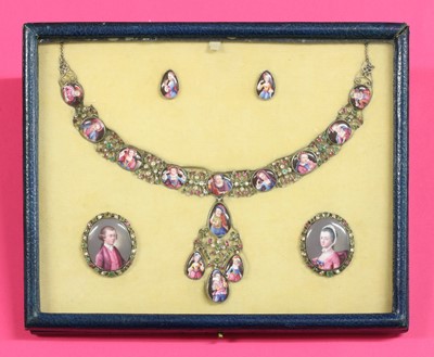 Lot 11 - An 18th century enamel portrait miniature necklace, earrings and pair of clasps, cased suite