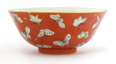 Lot 122 - A Chinese coral-ground famille rose bowl
