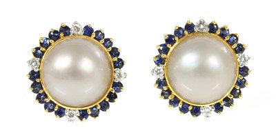 Lot 235 - A pair of 18ct gold cultured mabé pearl, sapphire and diamond earrings