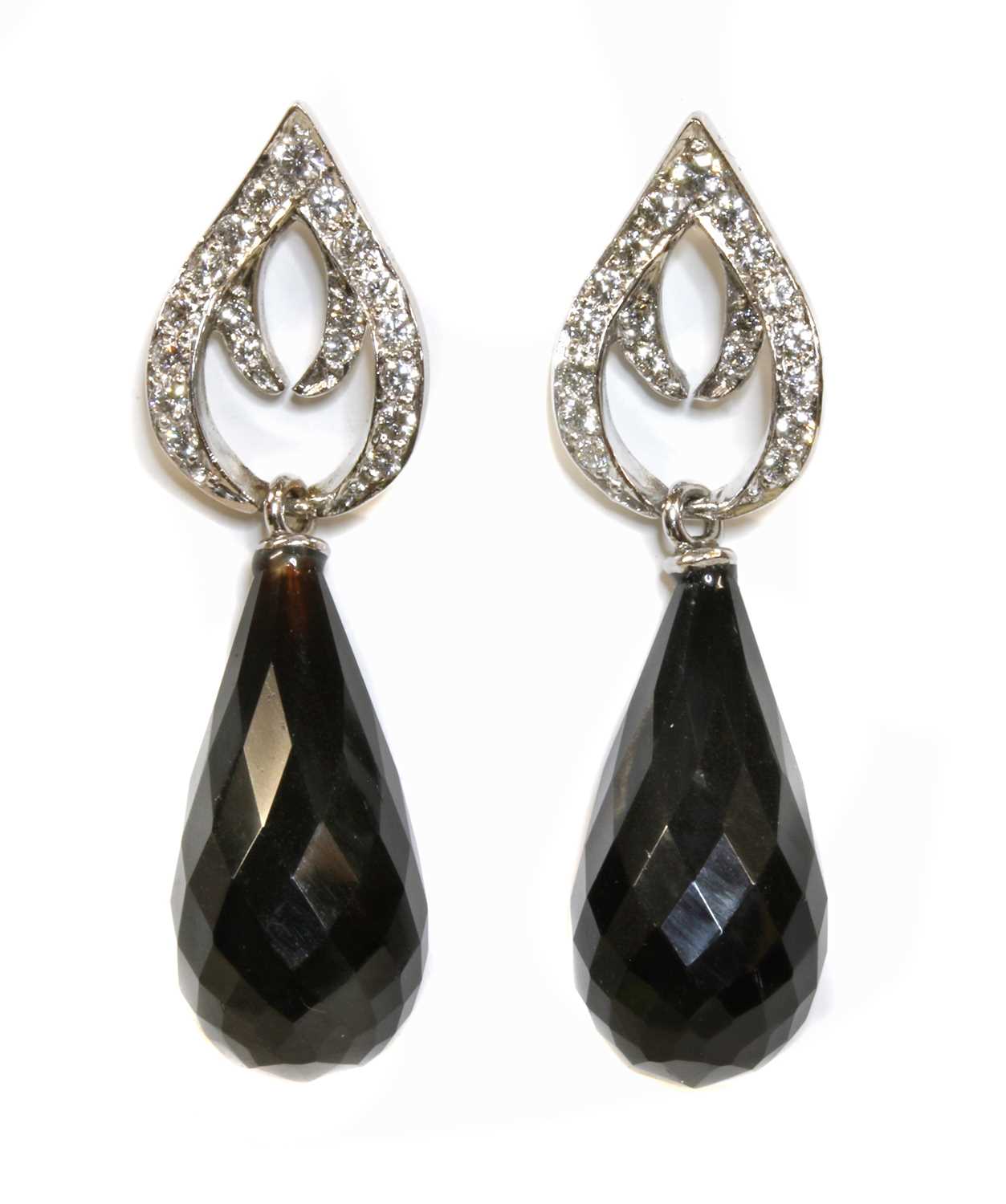 Lot 377 - A pair of 18ct white gold diamond and onyx set drop earrings, by Susy Telling