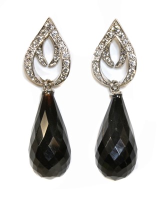 Lot 377 - A pair of 18ct white gold diamond and onyx set drop earrings, by Susy Telling