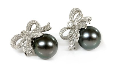Lot 223 - A pair of 18ct white gold Tahitian cultured pearl and diamond stud earrings