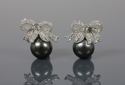 Lot 223 - A pair of 18ct white gold Tahitian cultured pearl and diamond stud earrings