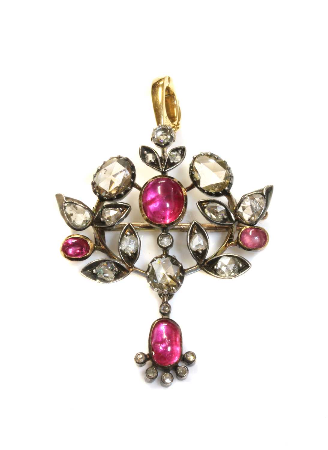 Lot 38 - A Victorian cabochon ruby and diamond spray brooch pendant