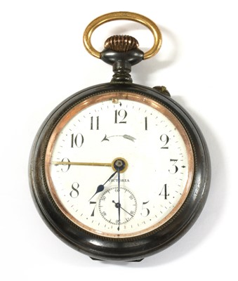 Lot 458 - A gun metal open-faced pocket watch travel alarm clock