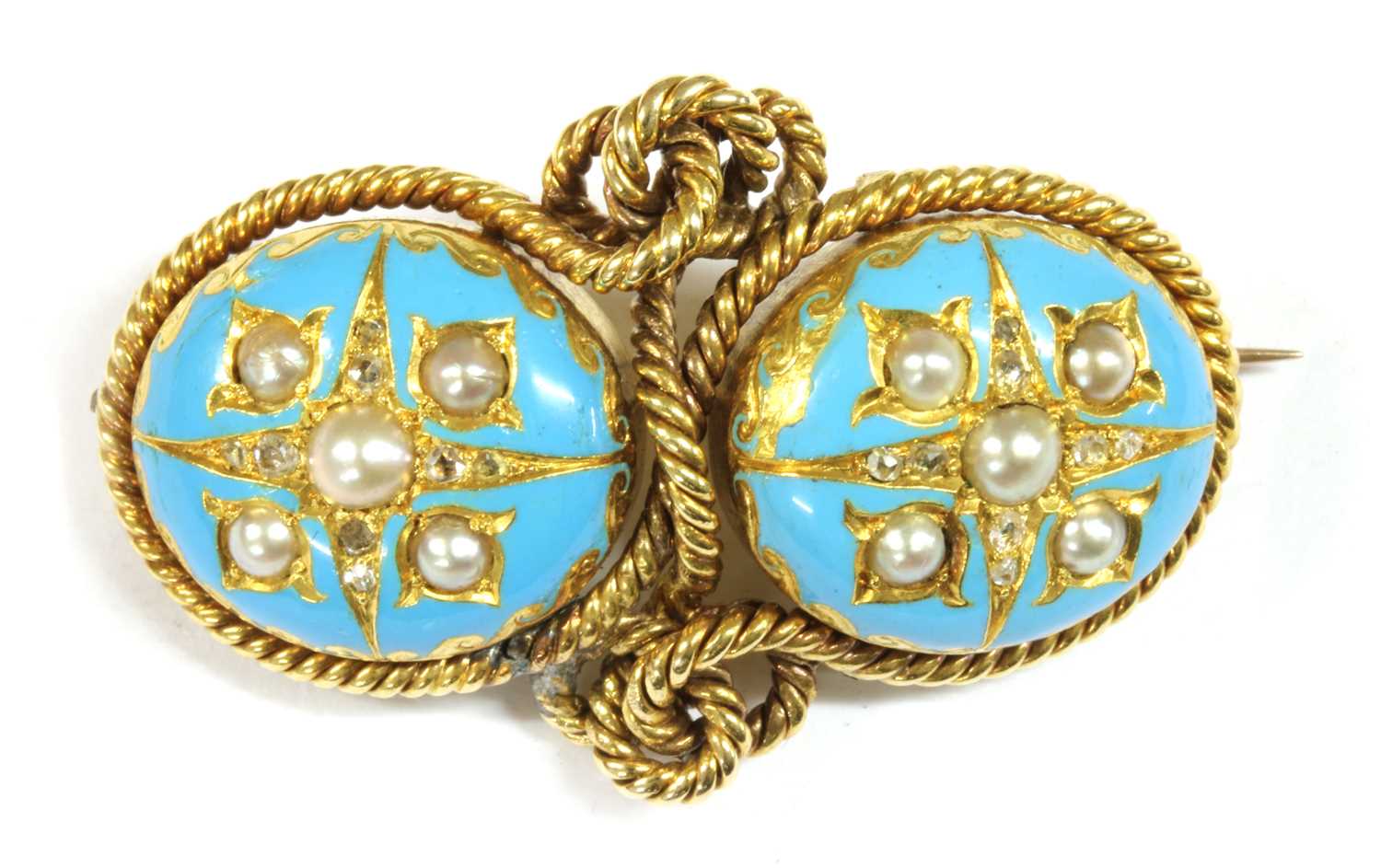 Lot 9 - A Victorian gold split pearl, diamond and enamel brooch
