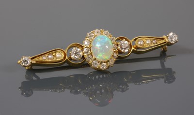 Lot 106 - A Victorian opal, diamond and split pearl gold bar brooch