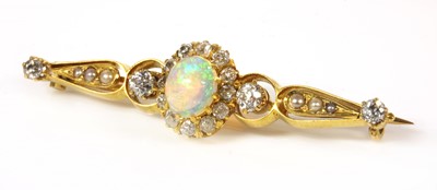 Lot 106 - A Victorian opal, diamond and split pearl gold bar brooch