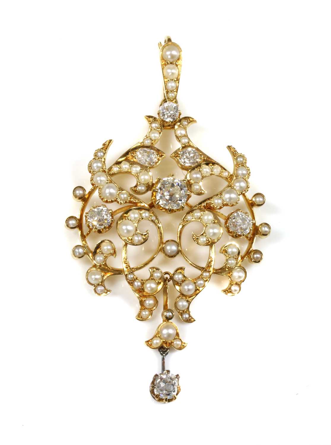 Lot 96 - A late Victorian diamond and split pearl cartouche shaped brooch/pendant, c.1890
