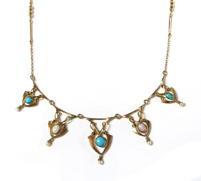 Lot 16 - An Art Nouveau, gold, turquoise and opal necklace