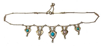 Lot 16 - An Art Nouveau, gold, turquoise and opal necklace