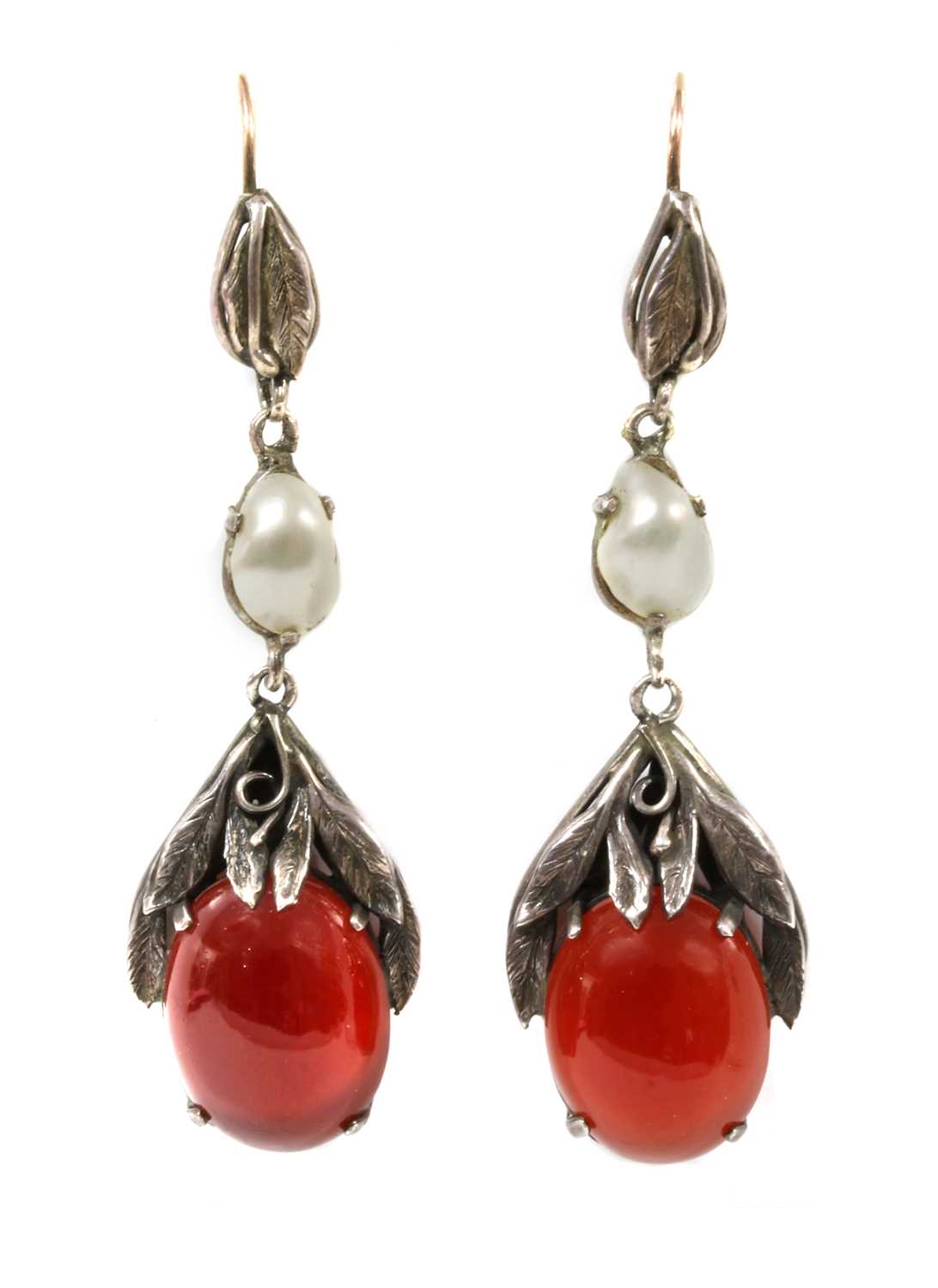 Lot 120 - A pair of Arts and Crafts silver and gold, cornelian and blister pearl drop earrings, c.1920