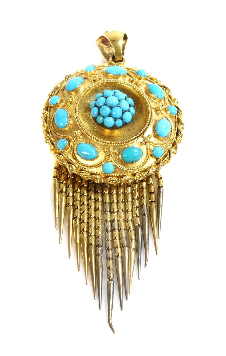 Lot 34 - A Victorian Etruscan Revival gold and turquoise set fringe pendant, c.1860