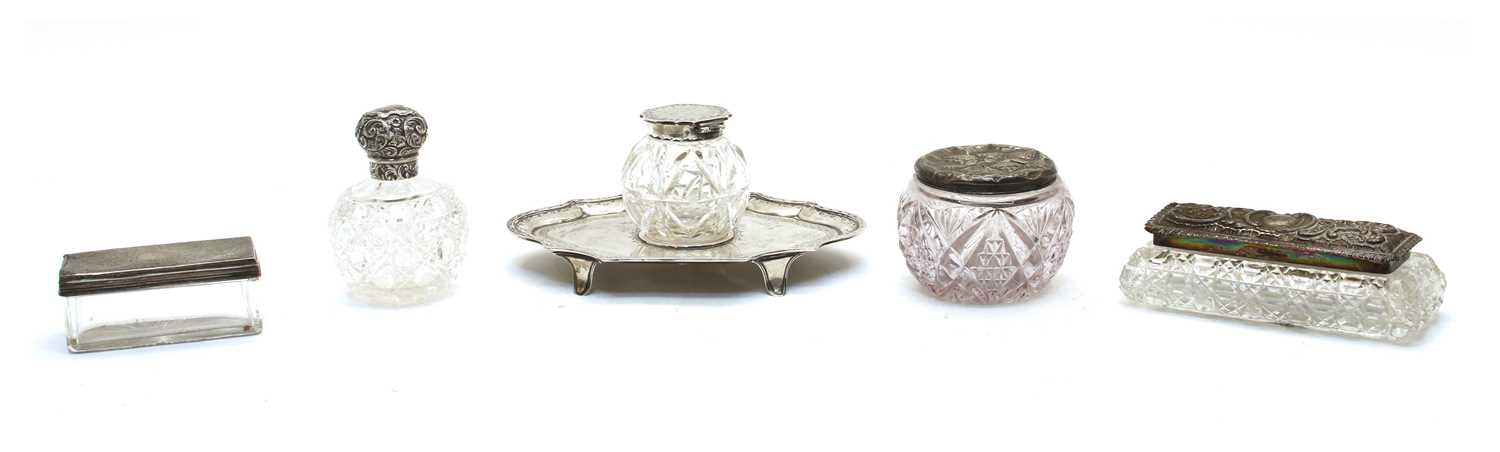 Lot 37 - A collection of glass and silver mounted dressing table items