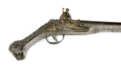 Lot 956 - A Turkish silver-mounted flintlock pistol