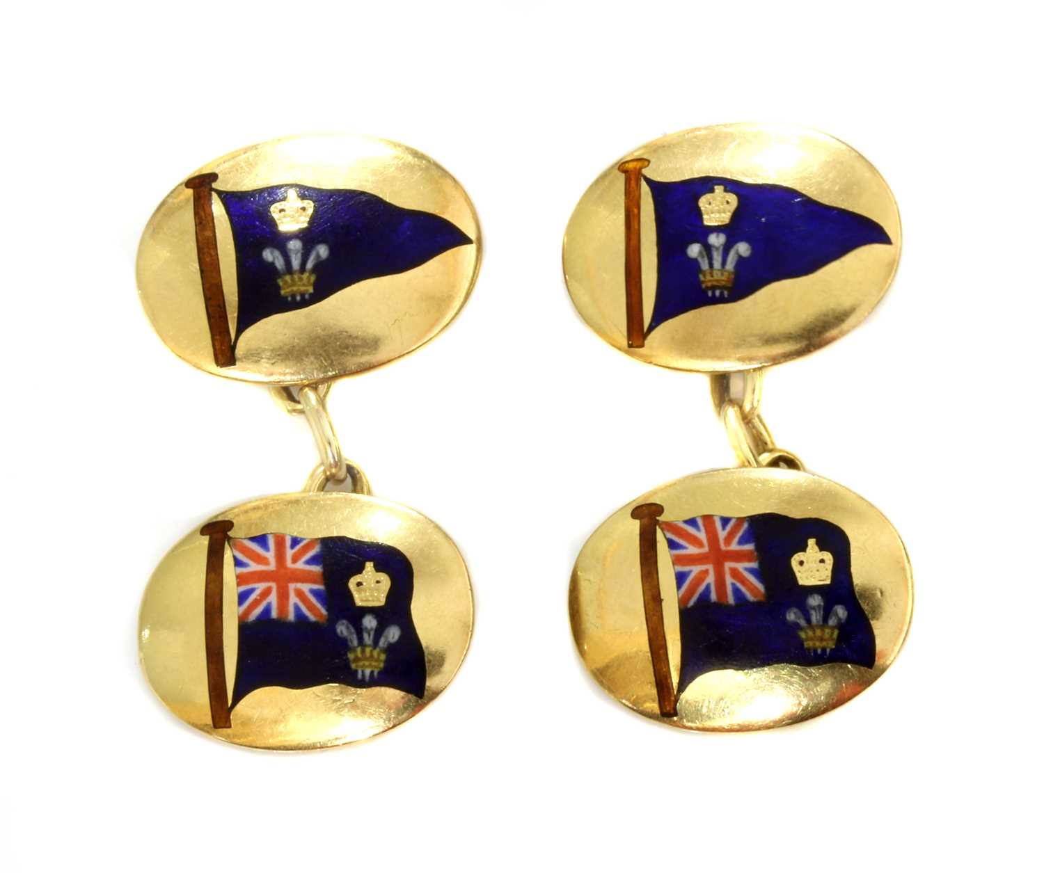 Lot 174 - A pair of gold oval enamelled chain-link cufflinks by Benzie Cowes