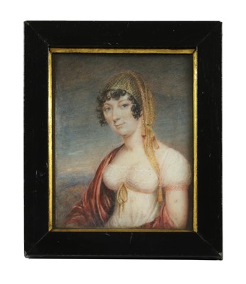 Lot 557 - English School, early 19th century, Portrait miniature of a lady in a Turkish turban, watercolour