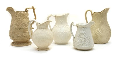 Lot 188 - Five Victorian white stoneware relief-moulded jugs