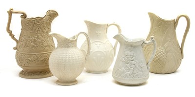 Lot 188 - Five Victorian white stoneware relief-moulded jugs