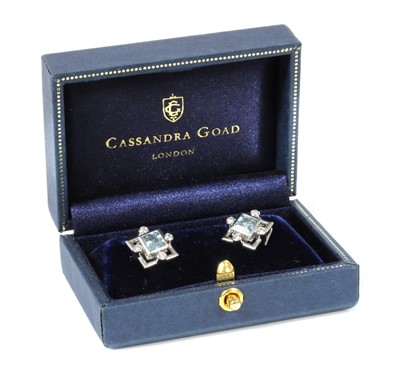 Lot 330 - A pair of 18ct white gold aquamarine diamond stud earrings, c.2000