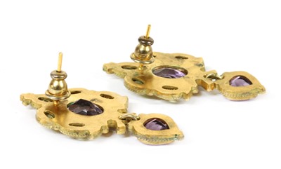 Lot 85 - A pair of Italian  gilt metal amethyst, peridot, split pearl and enamel earrings, by Percossi Papi