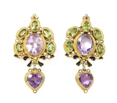 Lot 85 - A pair of Italian  gilt metal amethyst, peridot, split pearl and enamel earrings, by Percossi Papi