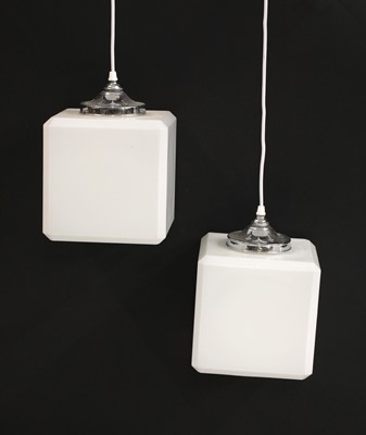 Lot 209 - A pair of cube-shaped opaline glass pendants