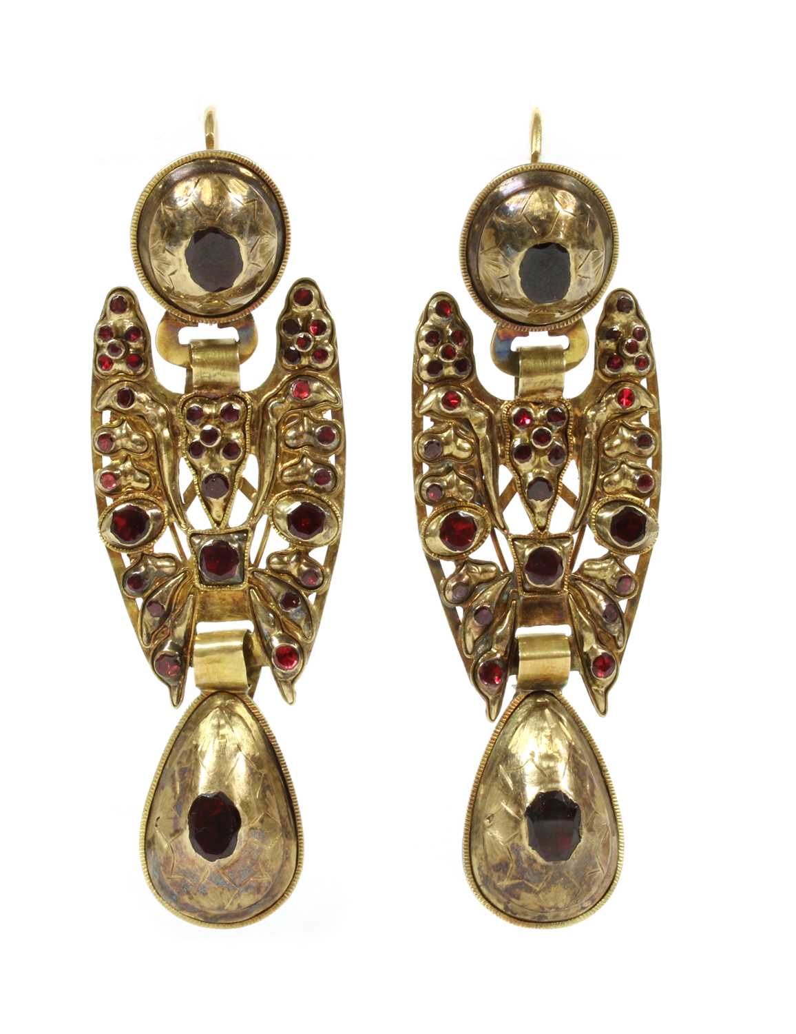 Lot 2 - A pair of antique 19th century Spanish Catalan flat cut garnet drop earrings