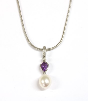 Lot 247 - A 14ct white gold cultured freshwater pearl, amethyst and diamond pendant