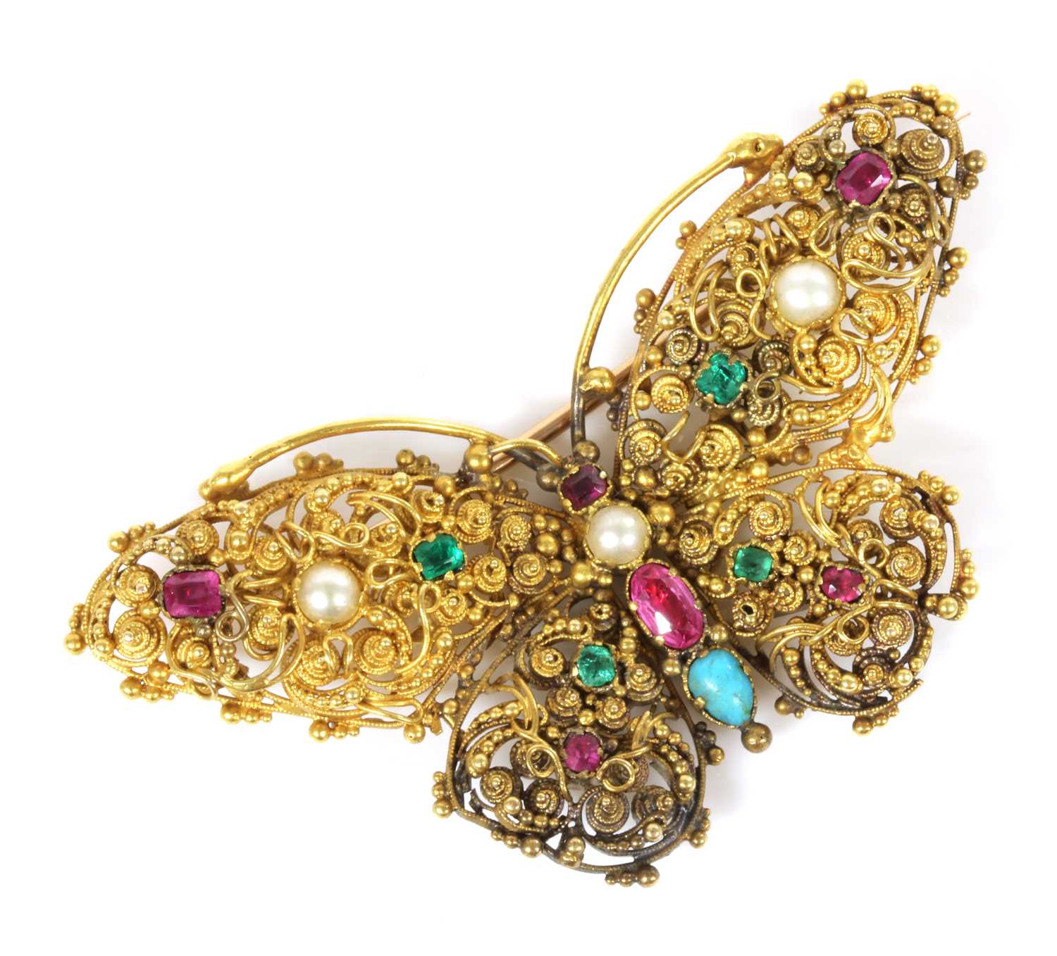 Lot 18 - A Regency gold, gemstone and pearl butterfly brooch, c.1820