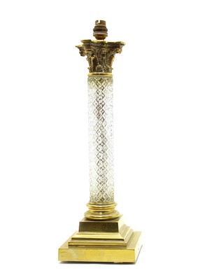 Lot 625 - A Corinthian column brass and cut glass table lamp