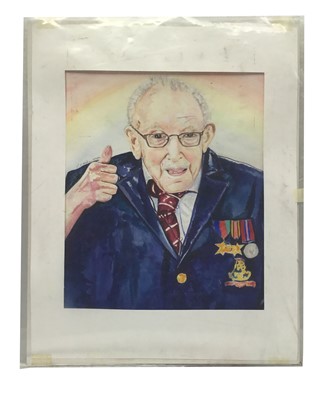 Lot 13 - Portrait of Captain Tom Moore watercolour