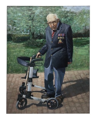 Lot 14 - Captain Tom Moore with Walking Frame oil on canvas