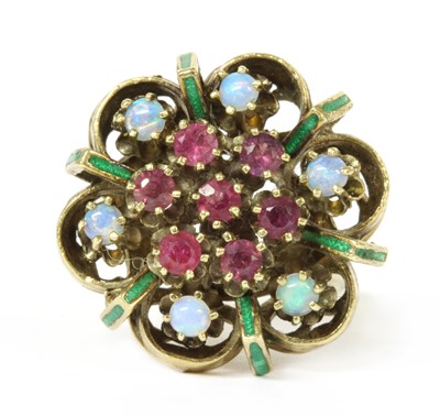 Lot 276 - A gold opal, ruby and enamel cluster ring