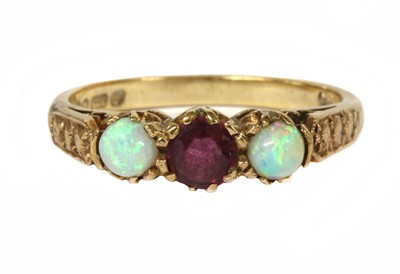 Lot 277 - A 9ct gold ruby and opal three stone ring
