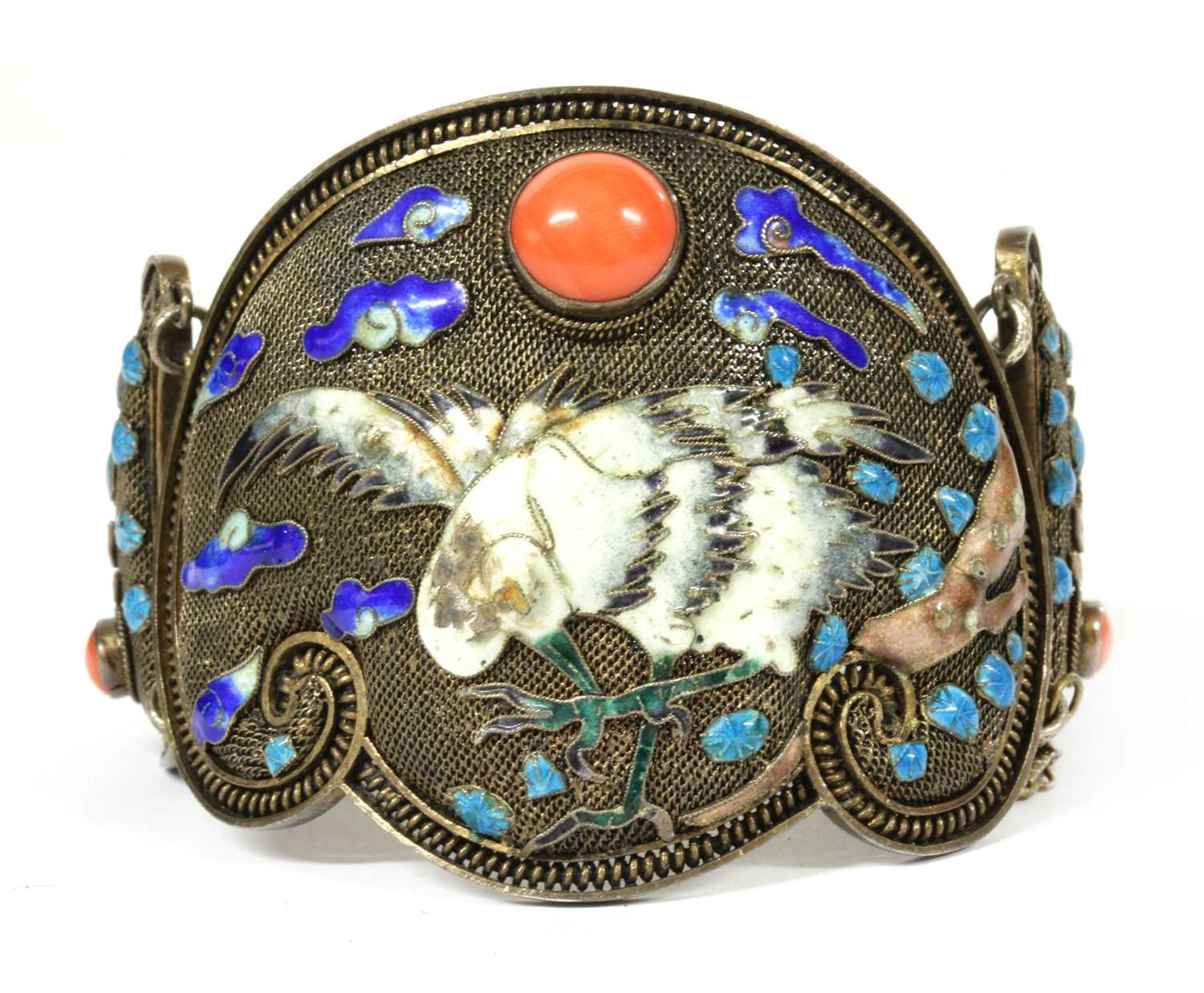 Lot 53 - A Chinese silver gilt coral and enamel hinged bangle, c.1930
