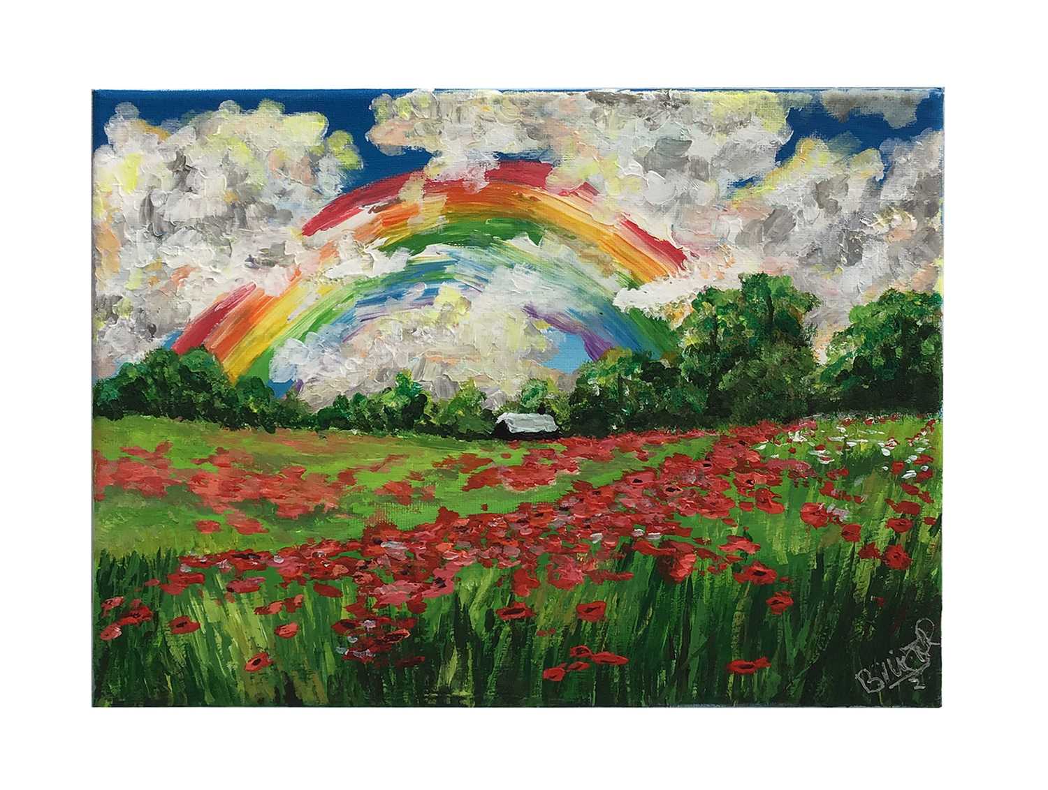 Lot 49 - Rainbow, clouds and poppies in a field oil on canvas